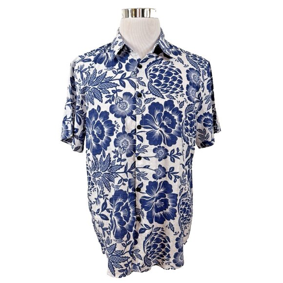 VatPave Hawaiian Aloha Shirt Men's  L Blue Short Sleeve Button Up Vacation - Picture 1 of 6